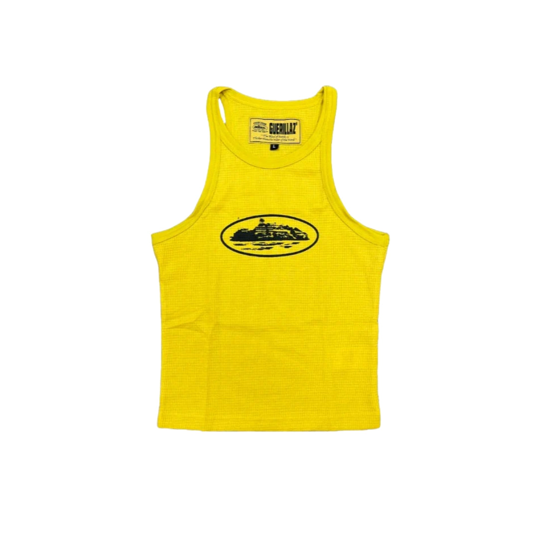 Corteiz Alcatraz Tank Top (Women's) in yellow waffle-knit cotton with black printed logo