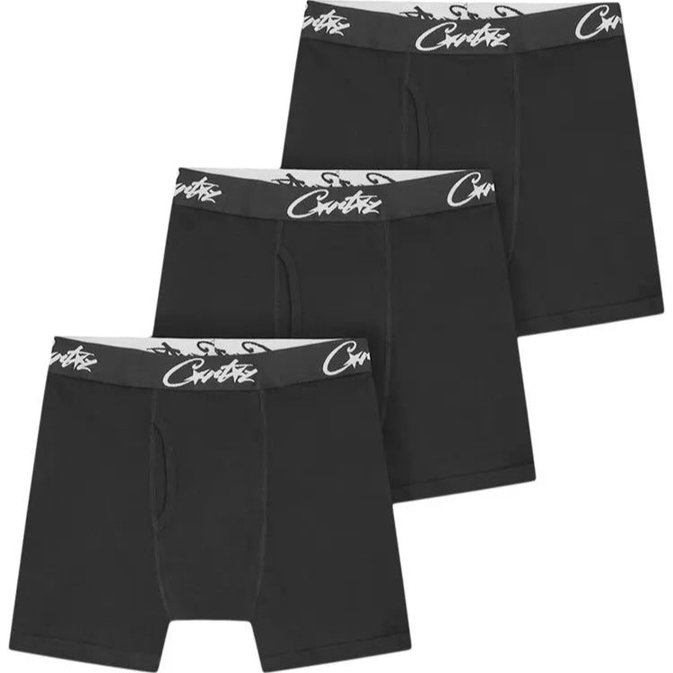 Corteiz Allstarz Boxers (3 Pack) in black, featuring elastic waistband with white Corteiz logo, made from soft, breathable material.