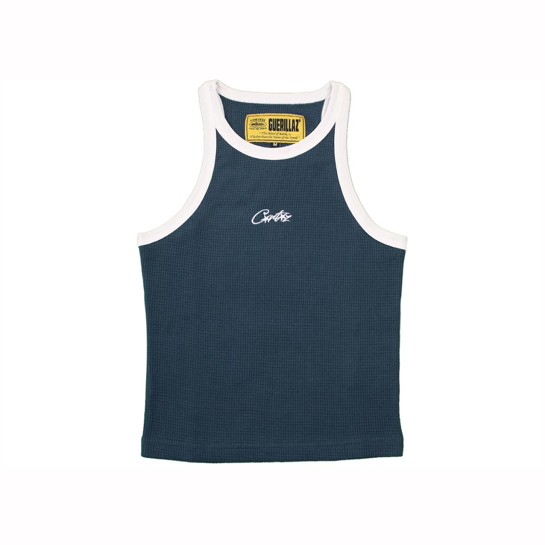 Corteiz Allstarz Contrast Tank Top for women in navy with white trim, waffle texture, and Corteiz chest logo.