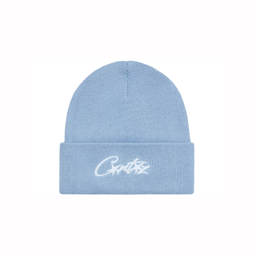 Corteiz Allstarz Folded Beanie in baby blue with white embroidered logo on ribbed knit fabric.