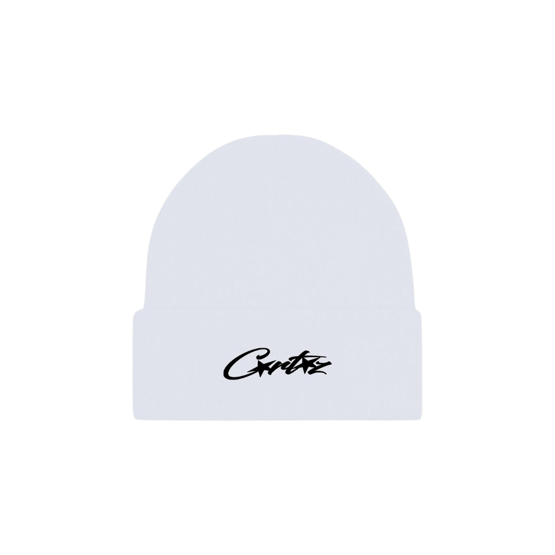 Corteiz Allstarz Folded Beanie in white knit with black embroidered script logo
