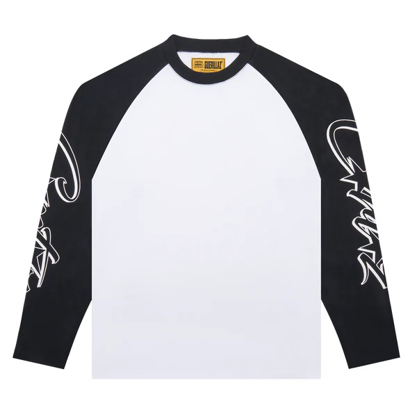 Corteiz Allstarz Raglan Longsleeve in white with black sleeves, featuring large white Corteiz logos printed on both arms.