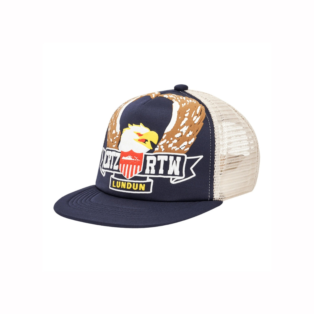 Corteiz Dipset Trucker Hat in navy with bold eagle crest, CRTZ RTW LUNDUN text, and beige mesh back.