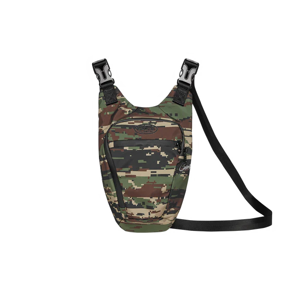 Corteiz Elitework Sling Bag in Digi Camo, featuring front zip pocket, buckle fastenings, and an adjustable black strap.