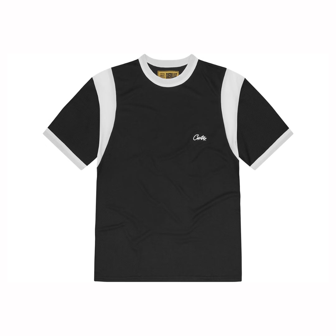 Corteiz Freshman 18 Jersey in black with white contrast panels, front logo, and large “18” back print.