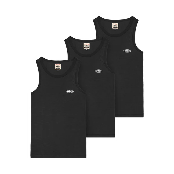 Corteiz HMP Essentials Tank Top 3 Pack Black, sleeveless waffle-texture tanks with logo detail