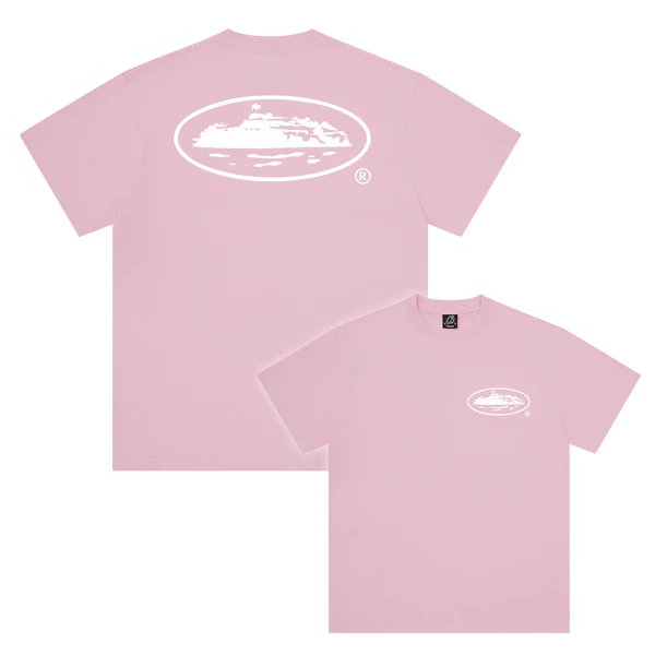 Corteiz OG Island Tee Baby Pink, heavyweight cotton T-shirt featuring white Alcatraz logo print on front and back.