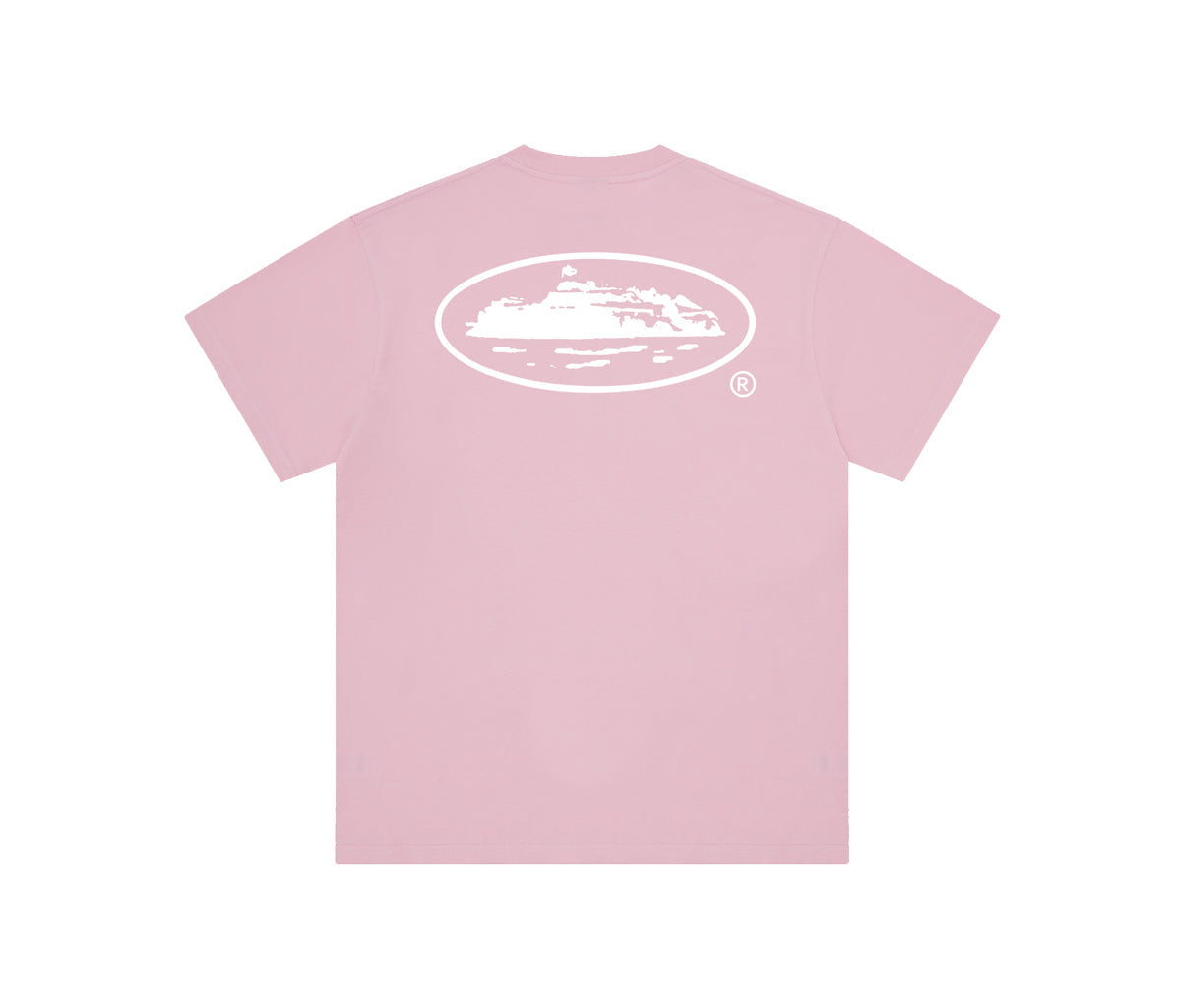 Corteiz OG Island Tee Baby Pink, heavyweight cotton T-shirt featuring white Alcatraz logo print on front and back.