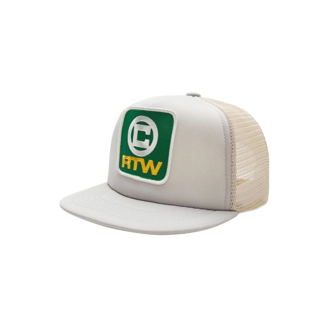 Corteiz RTW Box Grey Trucker Hat, featuring green and yellow patch on structured grey front with mesh back