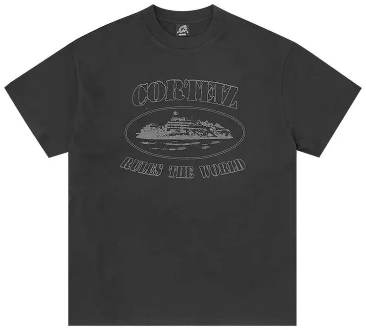 Corteiz Reflective Alcatraz Tee in Triple Black, featuring a reflective Alcatraz logo on black cotton fabric.