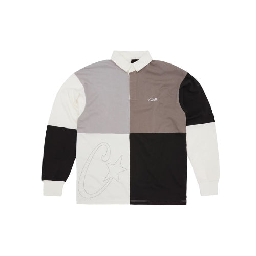 Corteiz Rugby Shirt Greyscale Jersey, featuring patchwork panels in grey, black, white, and taupe with front script embroidery and back stitched star logo.
