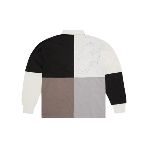 Corteiz Rugby Shirt Greyscale Jersey, featuring patchwork panels in grey, black, white, and taupe with front script embroidery and back stitched star logo.