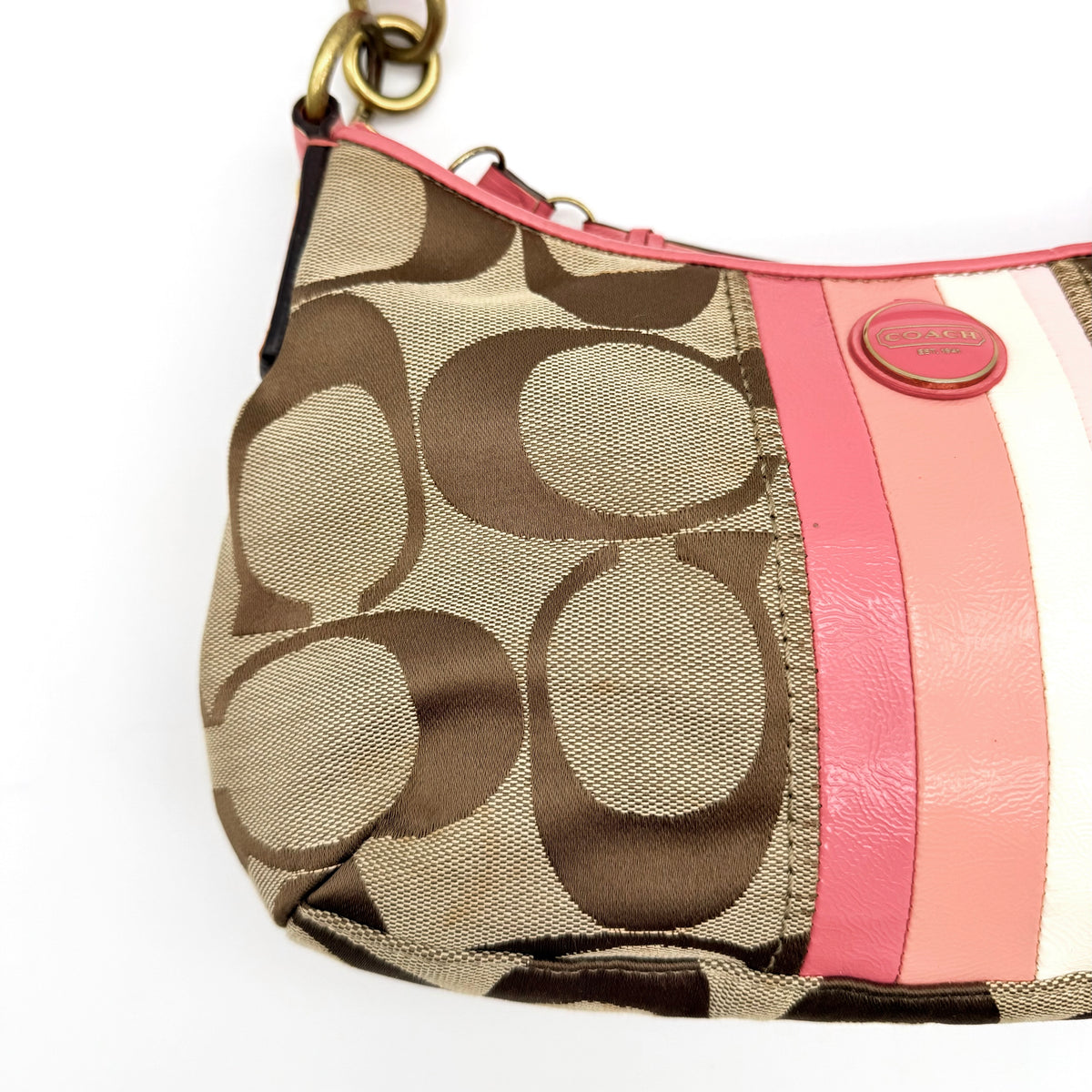 Coach 2Way Signature Stripe Shoulder Bag Beige/Pink