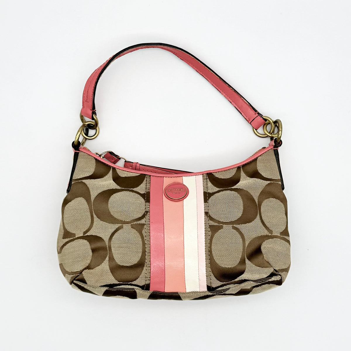Coach 2Way Signature Stripe Shoulder Bag Beige/Pink