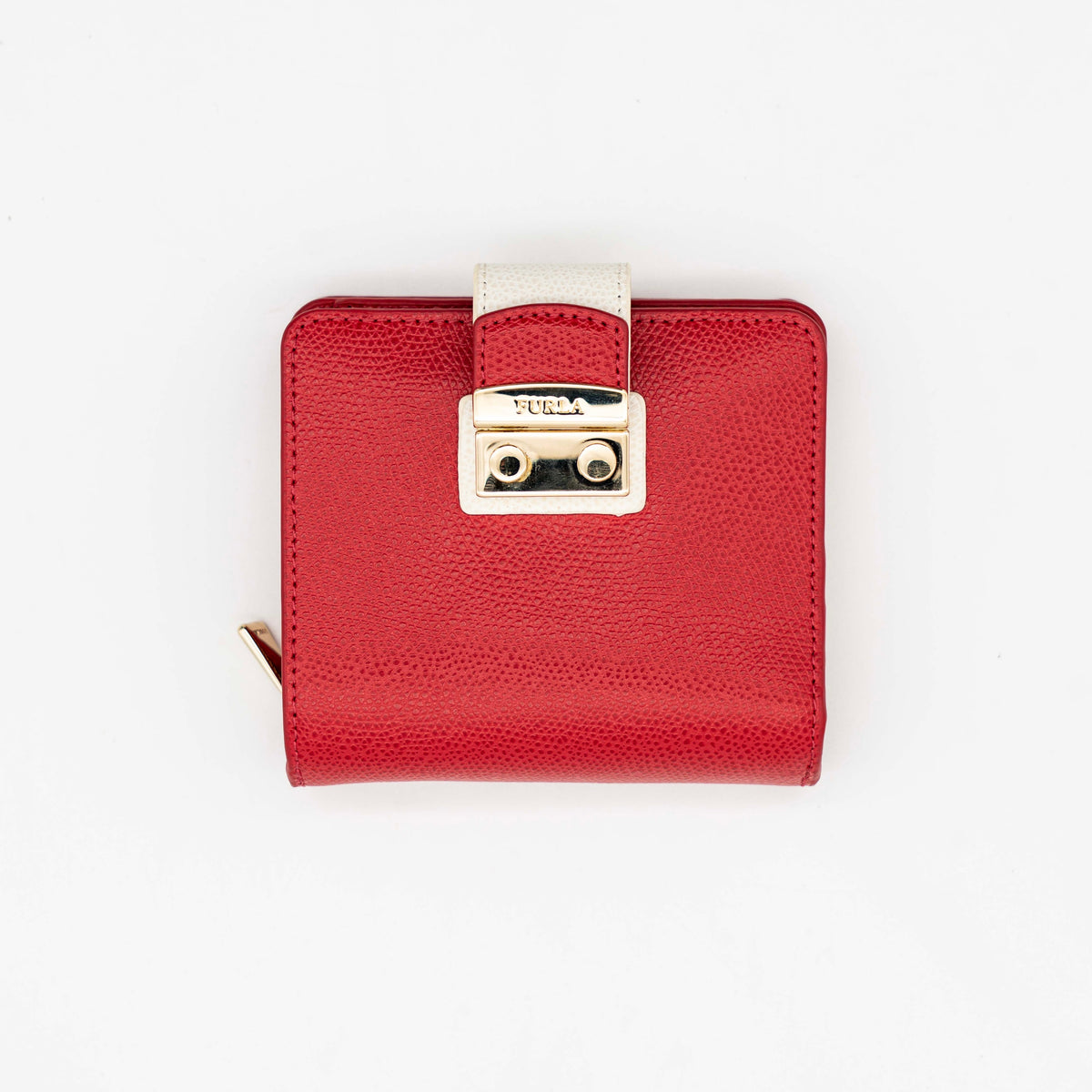 Furla Metropolis Compact Wallet in red leather with gold hardware, shown with original box, dust bag, and cards.