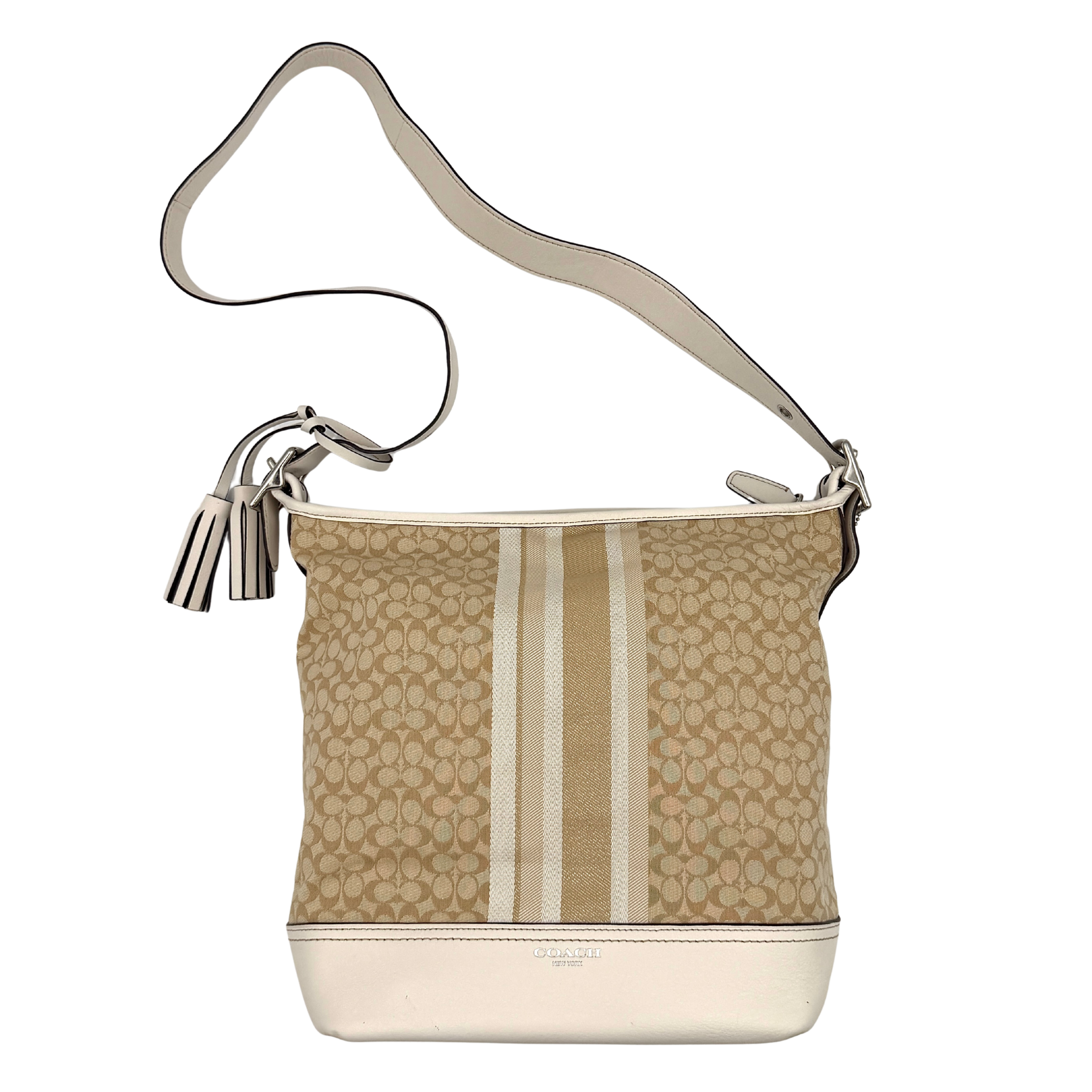 Coach Signature Stripe Duffle Legacy Crossbody Bag in khaki and cream with monogram pattern, central stripe, and adjustable leather strap.