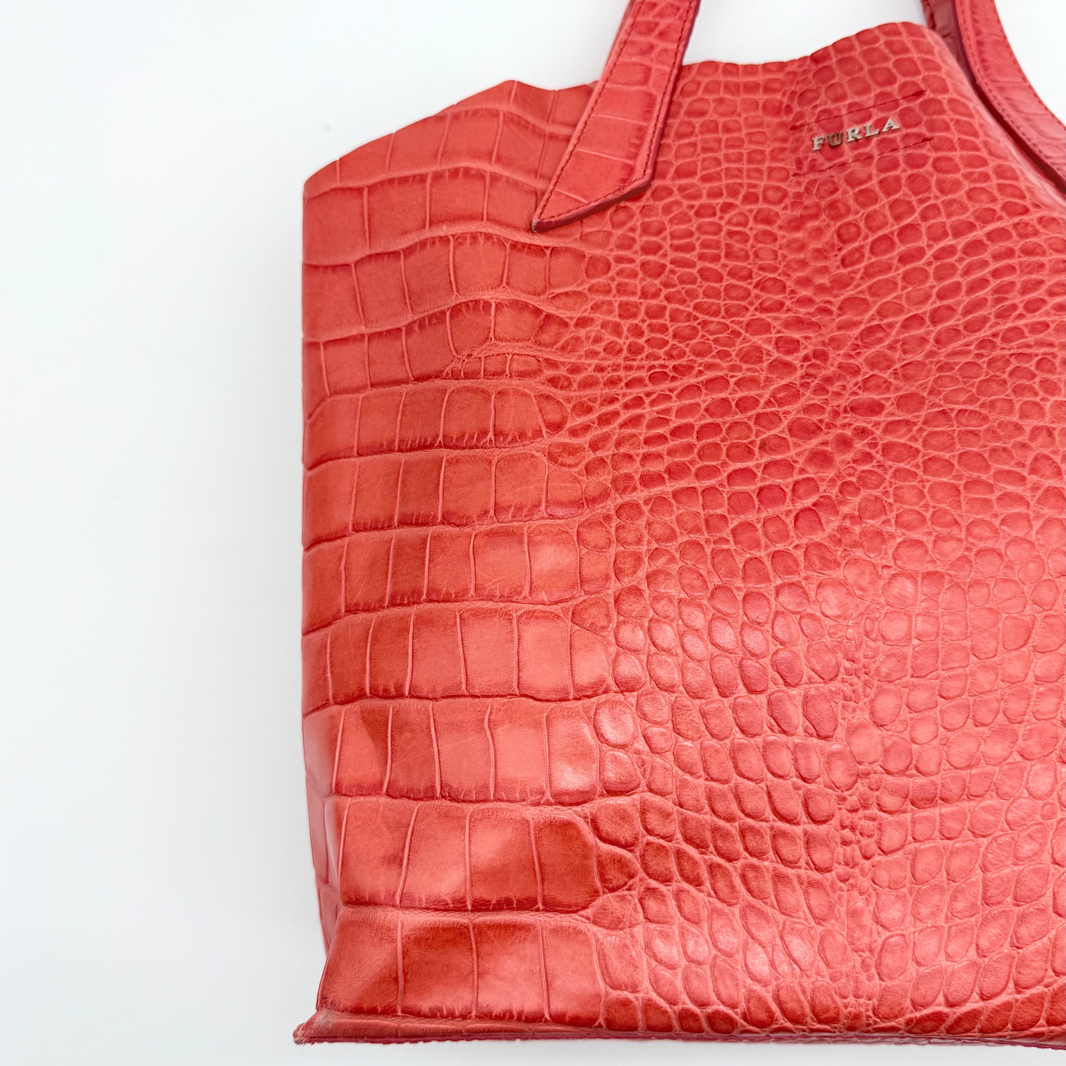 Furla Croc Embossed Leather Tote Bag Orange