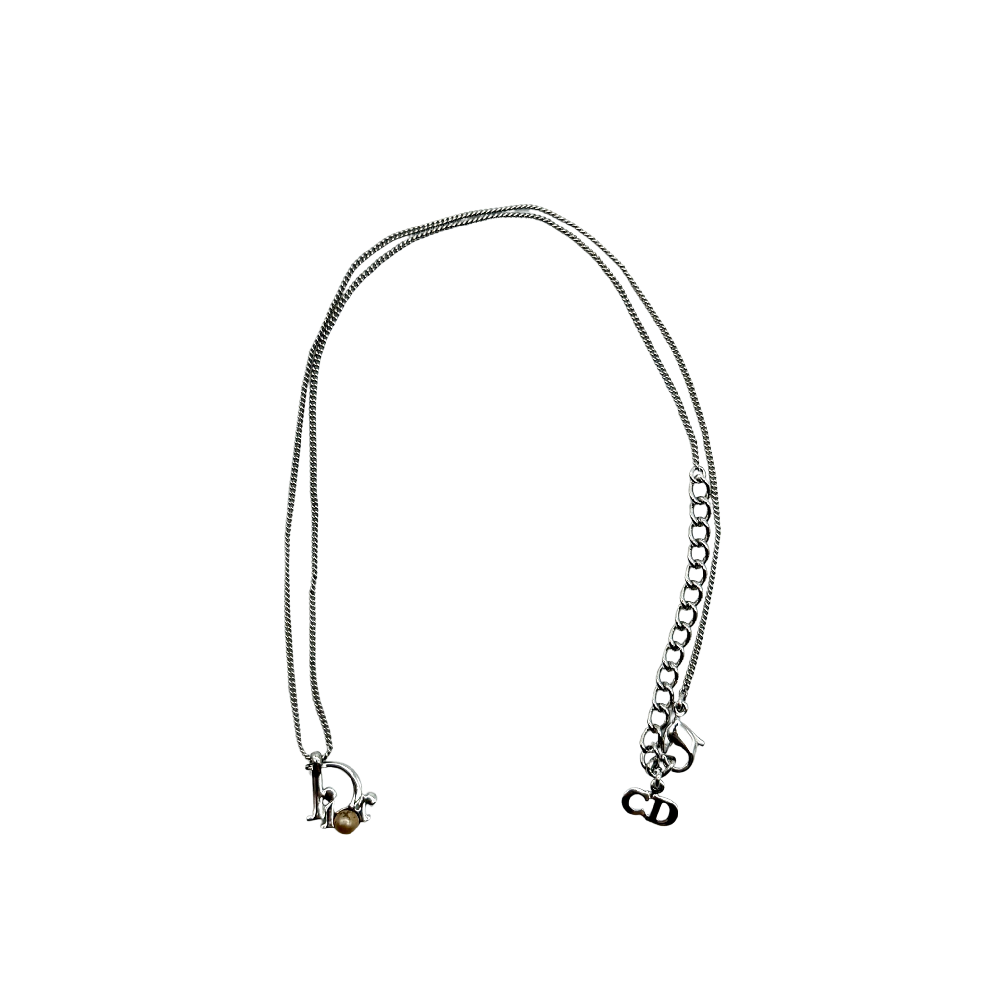 Dior Logo Pearl Necklace Silver