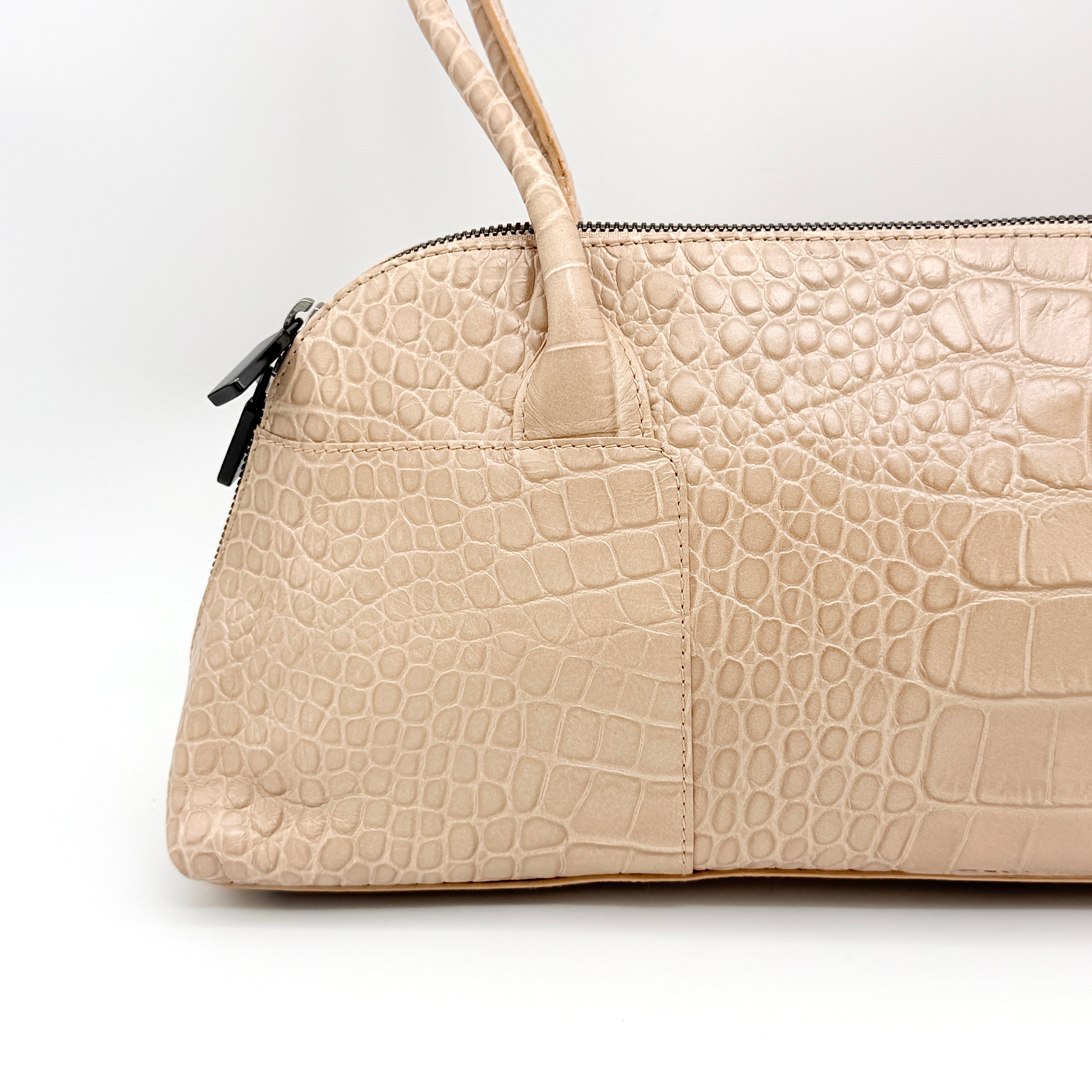 Furla Croc Embossed Leather Shoulder Bag Beige