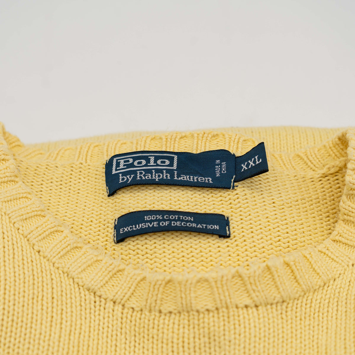 Polo Ralph Lauren yellow cotton knit crewneck sweater, XXL, with navy embroidered logo on the chest.