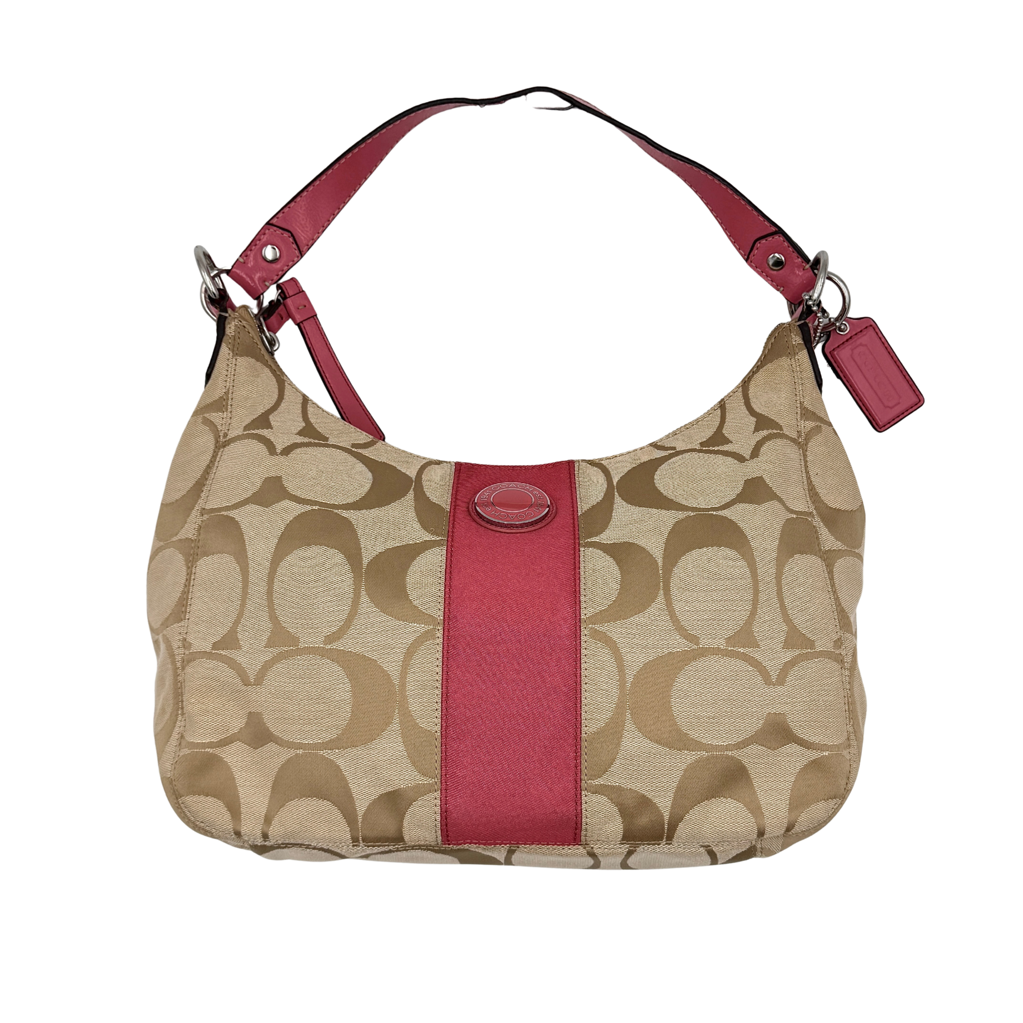 Coach Signature Stripe Hobo Shoulder Bag in beige jacquard canvas with bold pink central stripe and pink leather shoulder strap.