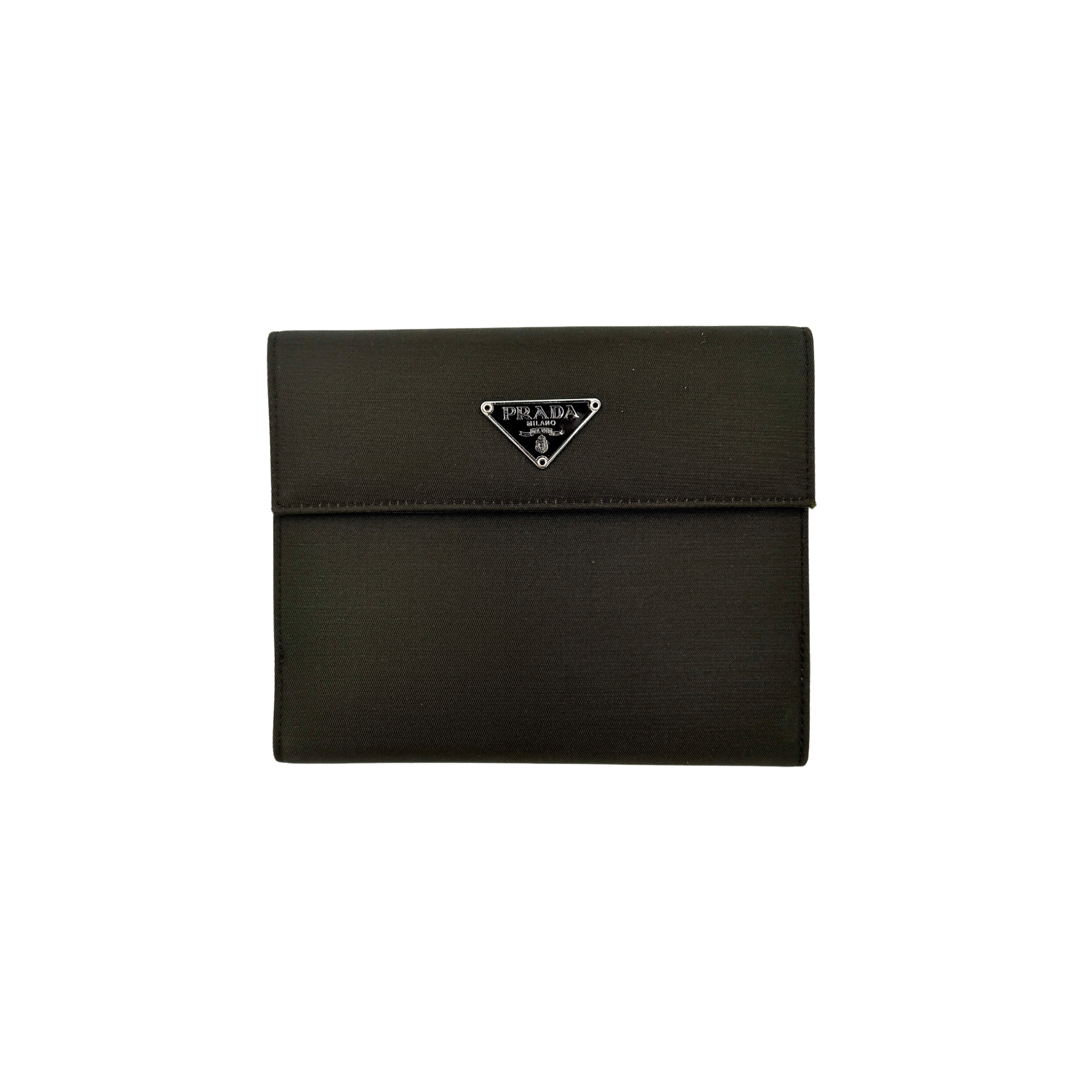 Prada Tessuto Nylon Bifold Wallet in black featuring the iconic enamel triangle logo on the front flap.