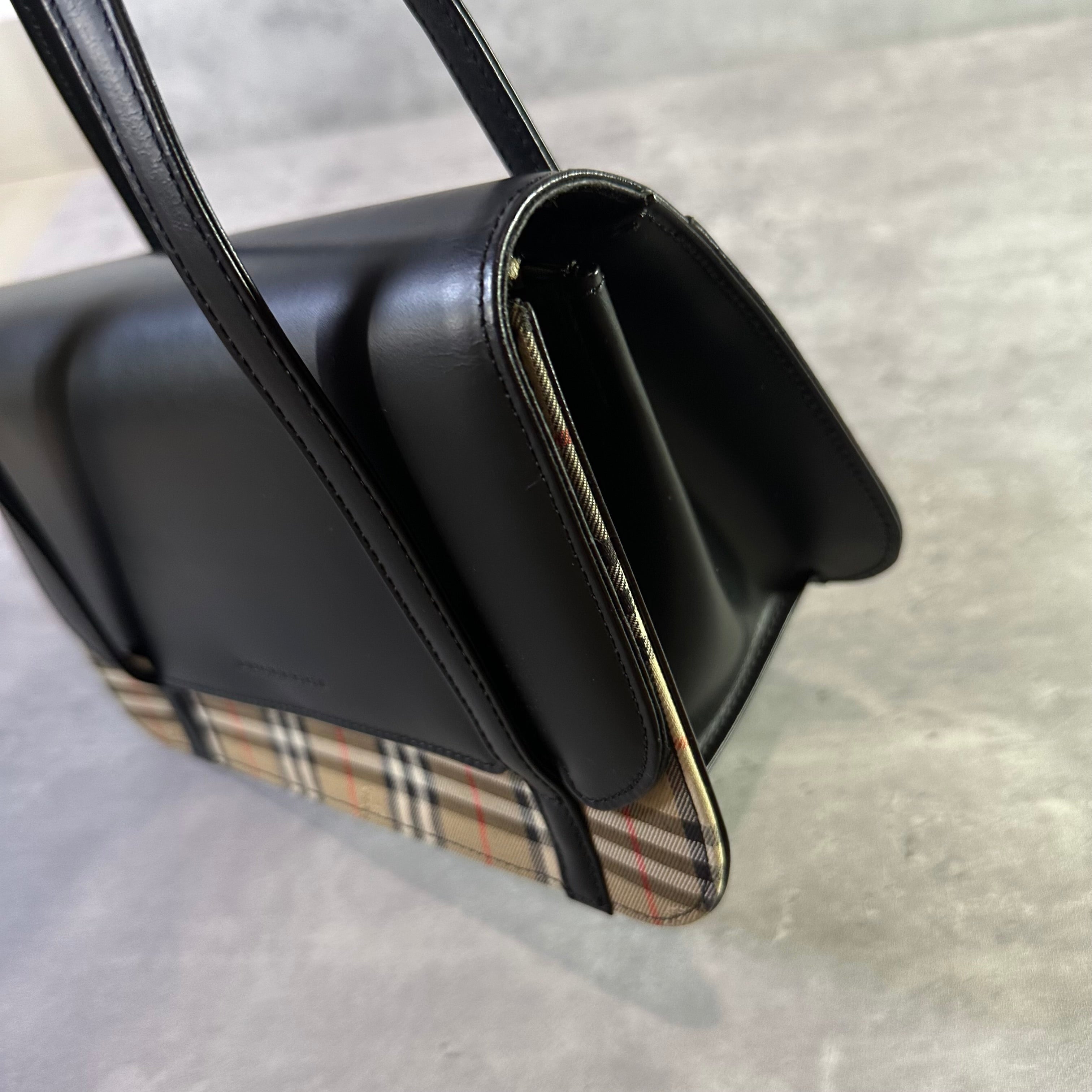 Burberry Nova Check Logo Canvas Leather Handbag