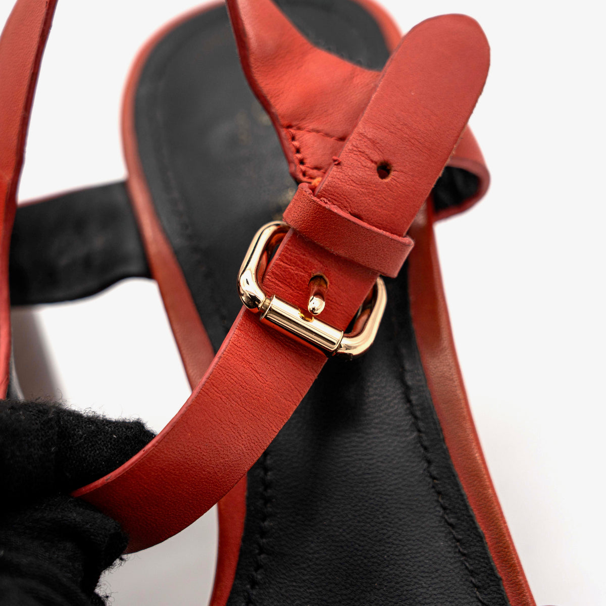 Coach Phoebe block heels in red leather with gold chain detailing, displayed with chunky wood-stacked heels and adjustable ankle straps.