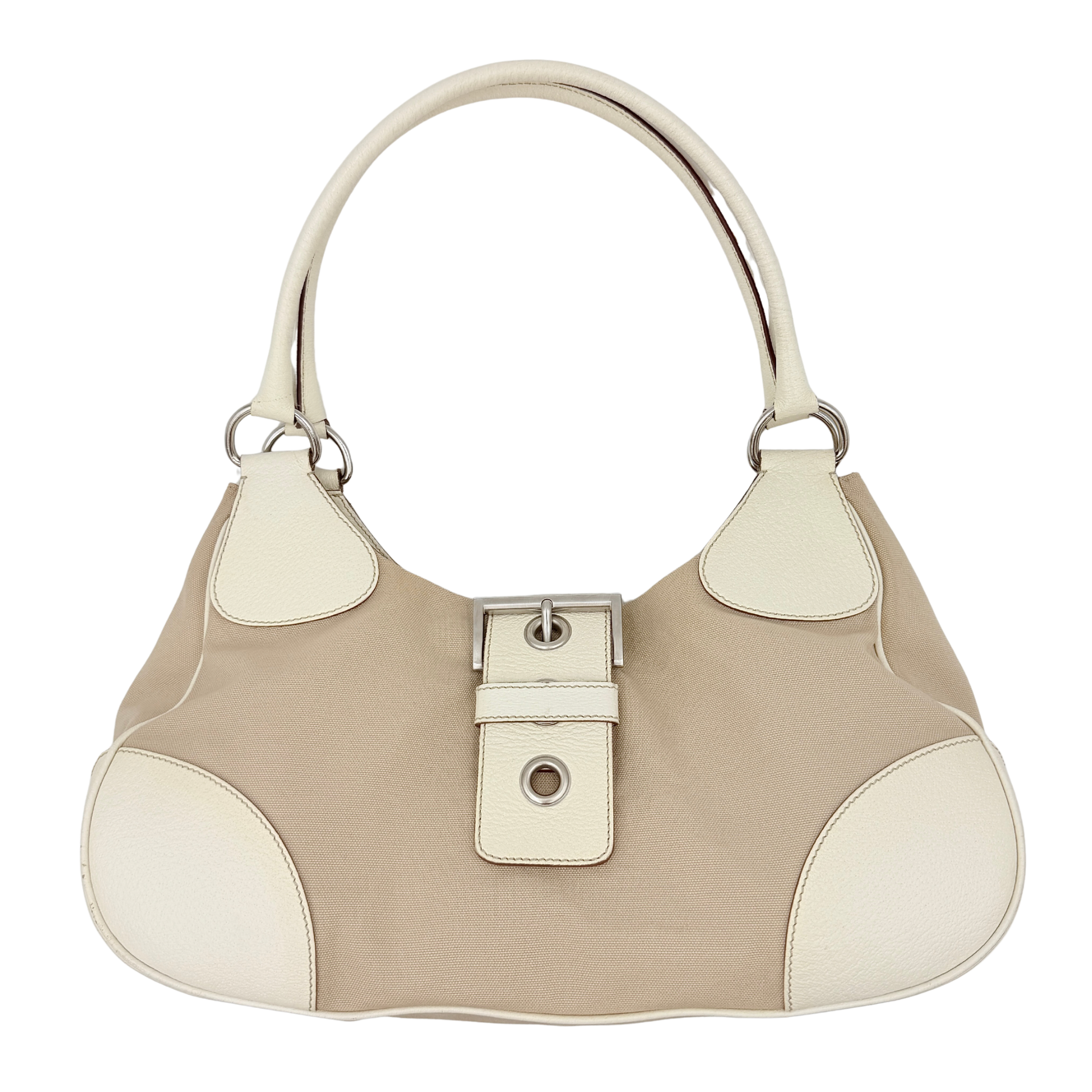 Prada Enamelled Moon Shoulder Bag Beige/Cream
