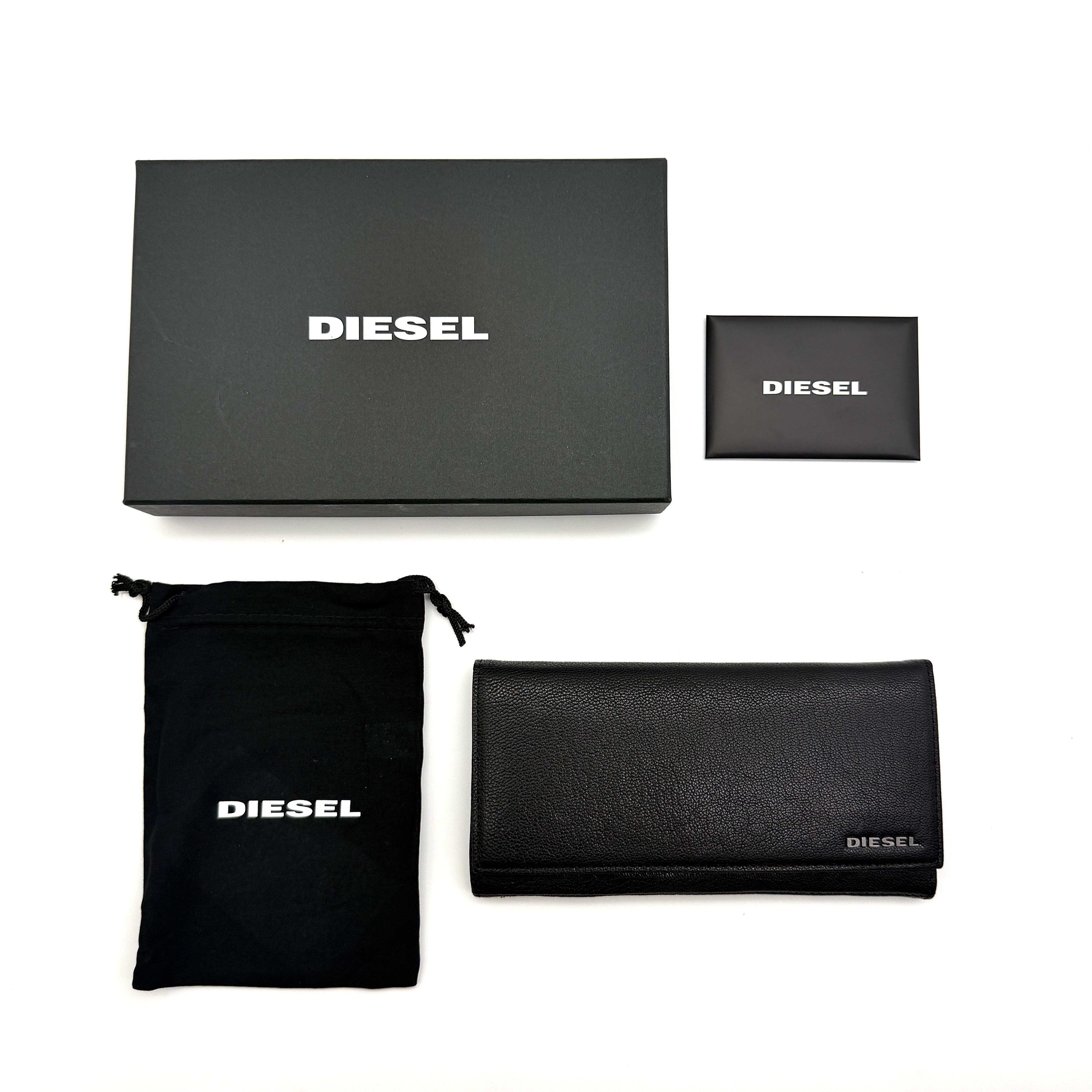 Diesel Logo Plaque Leather Long Wallet Black