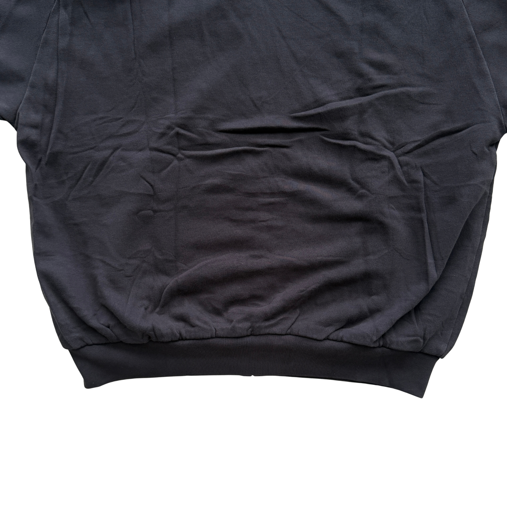 Yeezy x Gap black XL zip up hoodie with hood and front pocket, laid flat showing entire front.