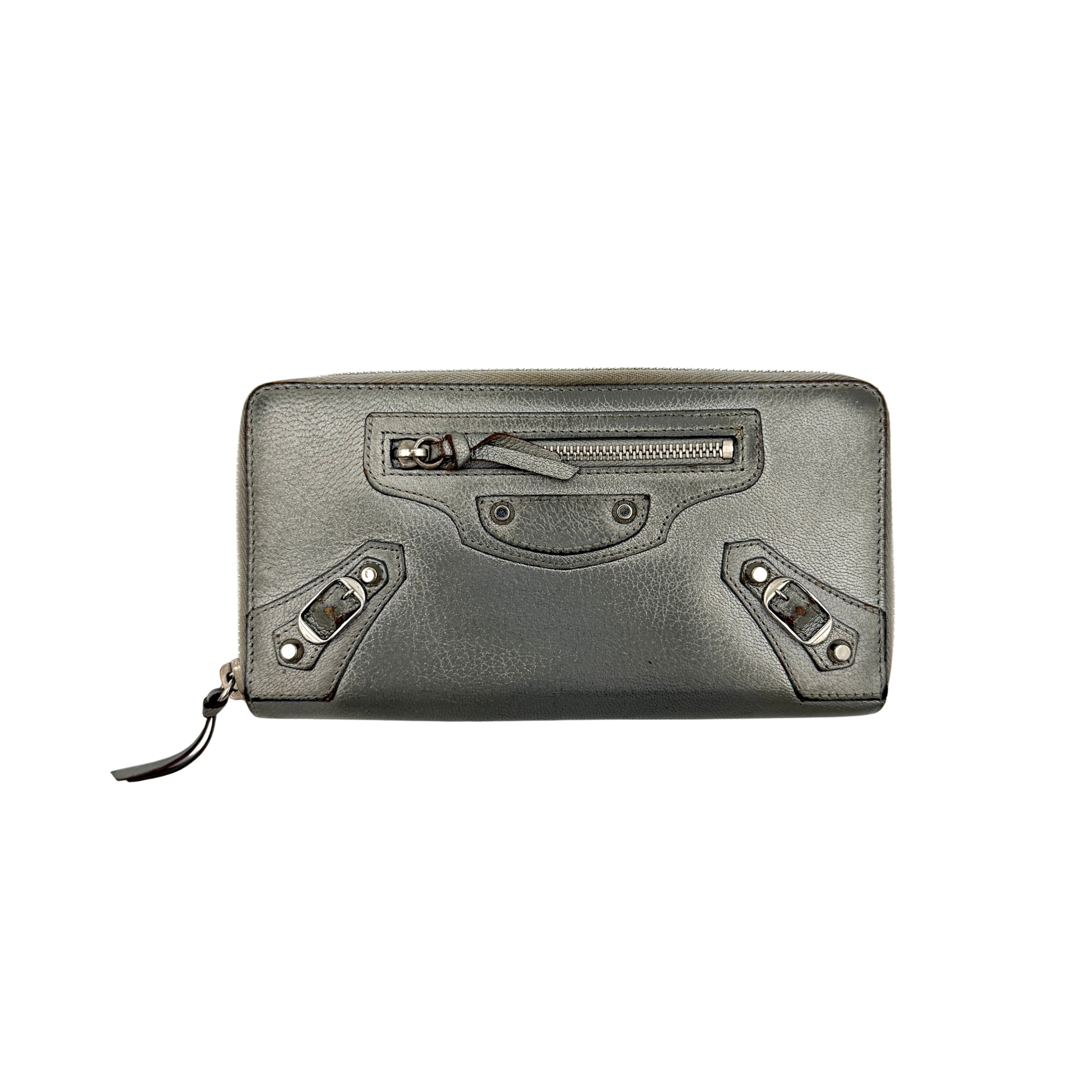 Balenciaga City Leather Long Wallet Metallic Silver