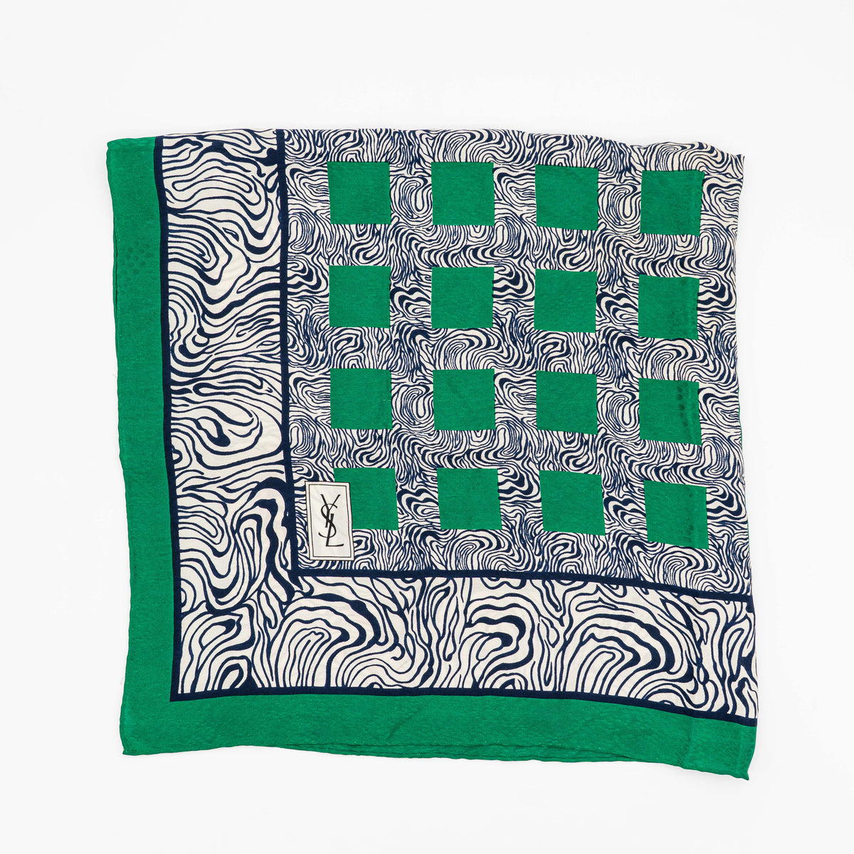 Yves Saint Laurent geometric silk scarf in green and black with abstract and square patterns, featuring a corner YSL label.