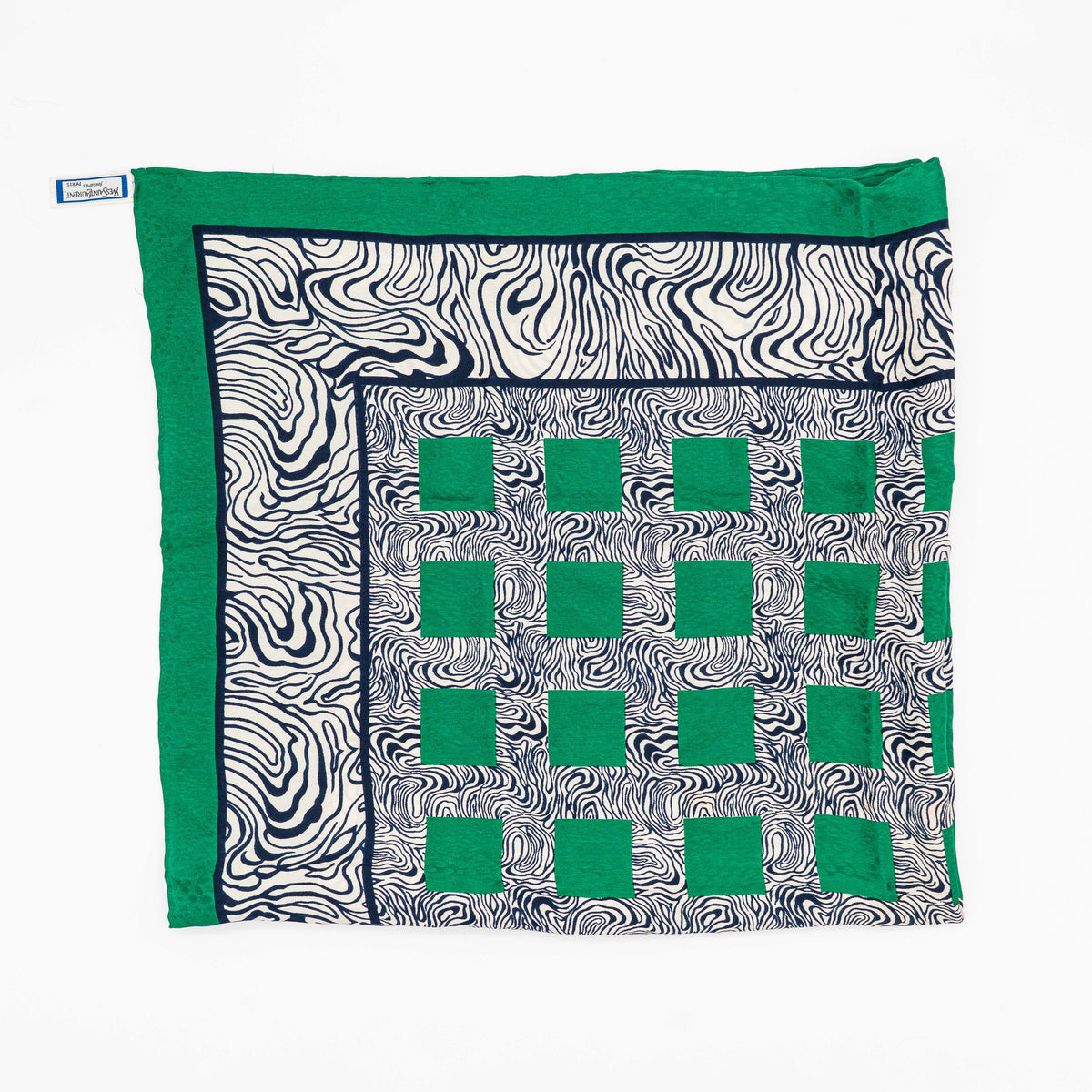 Yves Saint Laurent geometric silk scarf in green and black with abstract and square patterns, featuring a corner YSL label.
