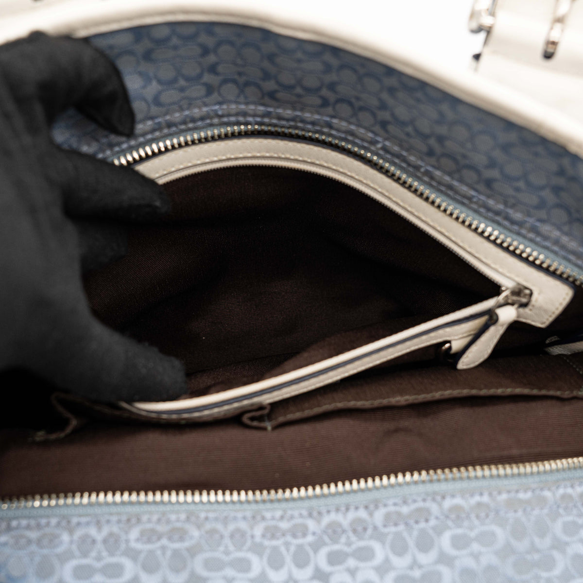 Coach Y2K Signature Soho Buckle Tote in light blue jacquard with white leather trim and silver-tone hardware.