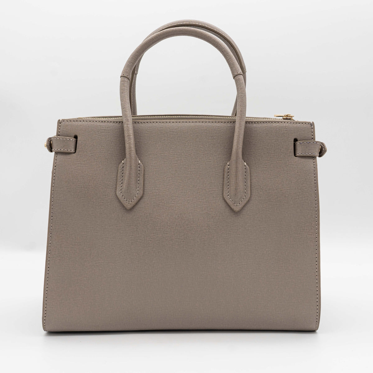 Furla grey Pin tote bag with top handles, gold hardware, and detachable strap against a white background.