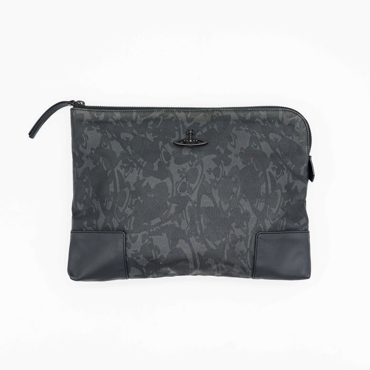Vivienne Westwood clutch bag in grey and black graphic camouflage with matte black Orb logo and leather trim, styled against a white background.