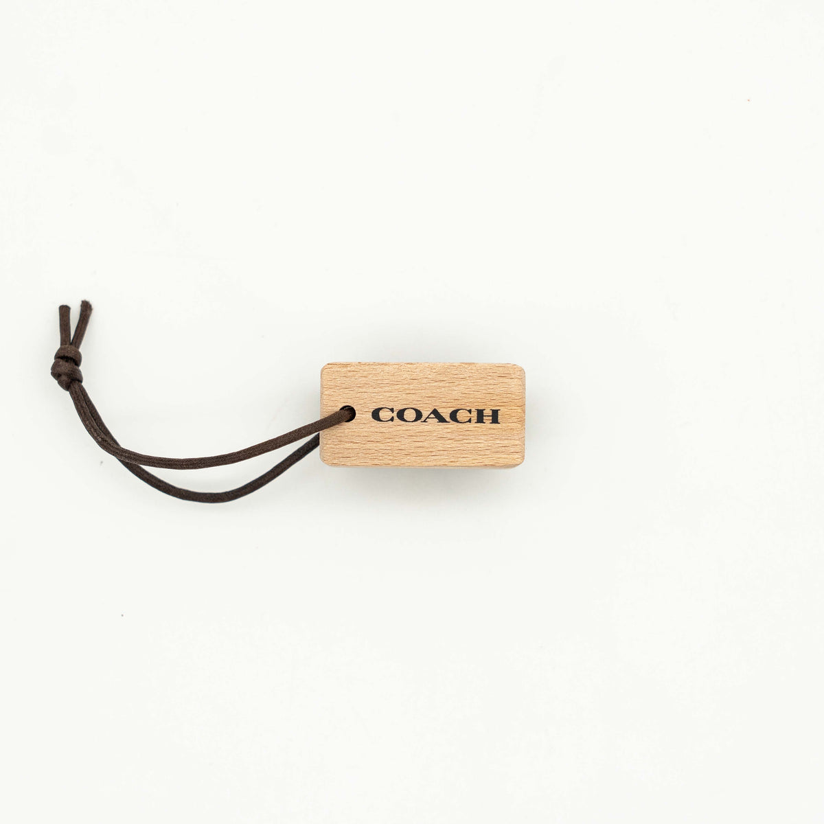 Coach horsehair leather care brush with wood handle and brown bristles, featuring a Coach logo and leather cord loop.