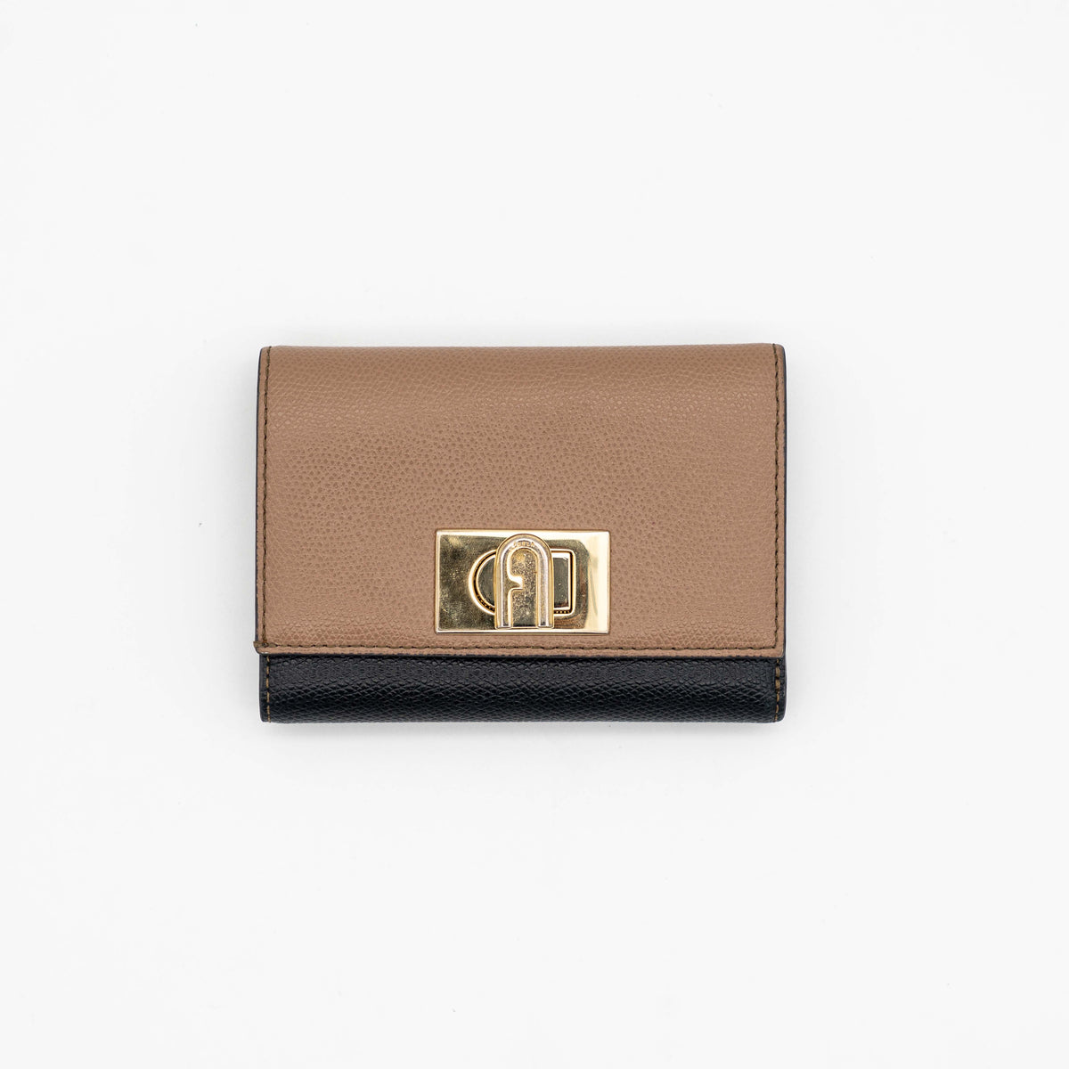 Furla 1927 M Compact Wallet in brown and black leather with gold hardware, photographed front facing on a white background.