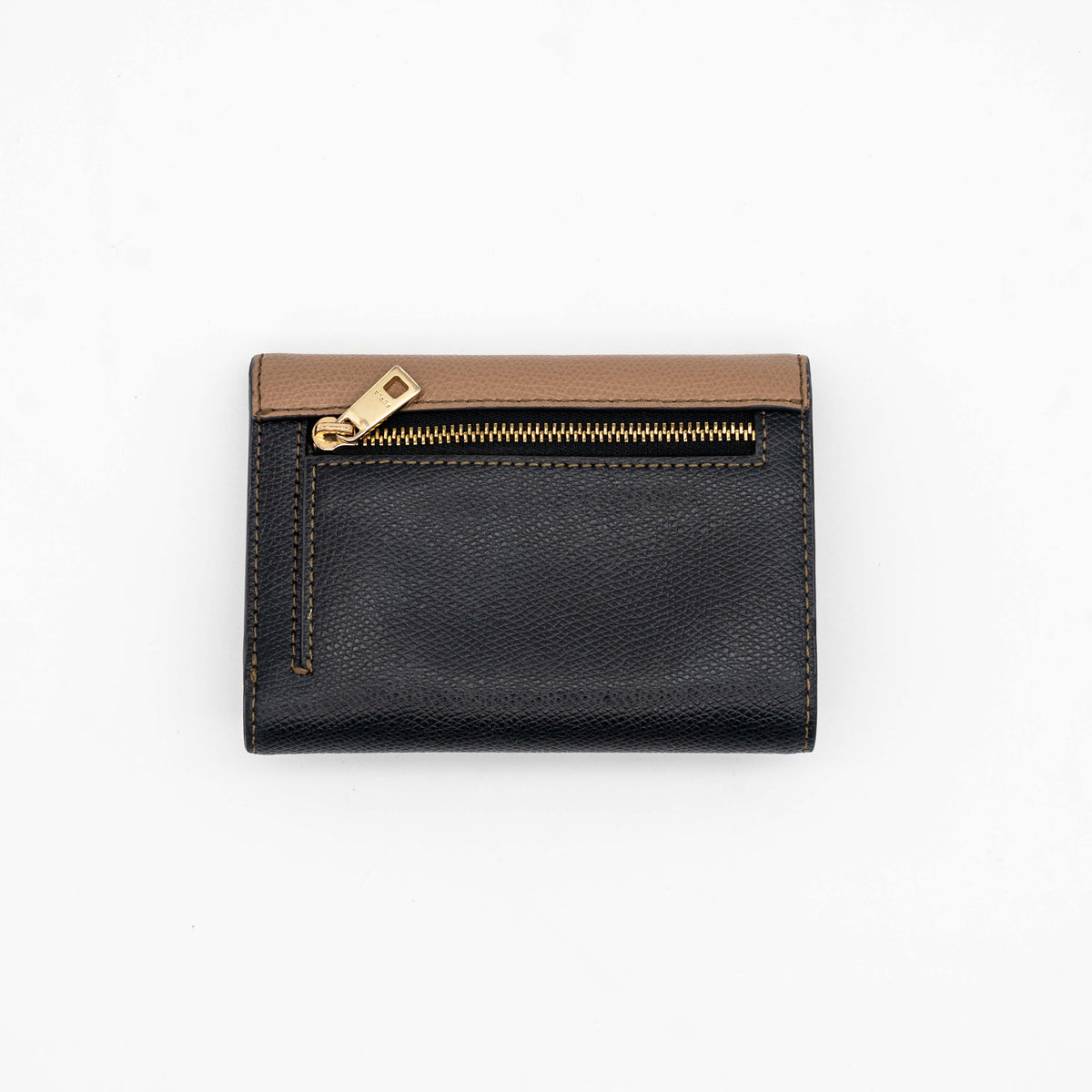 Furla 1927 M Compact Wallet in brown and black leather with gold hardware, photographed front facing on a white background.