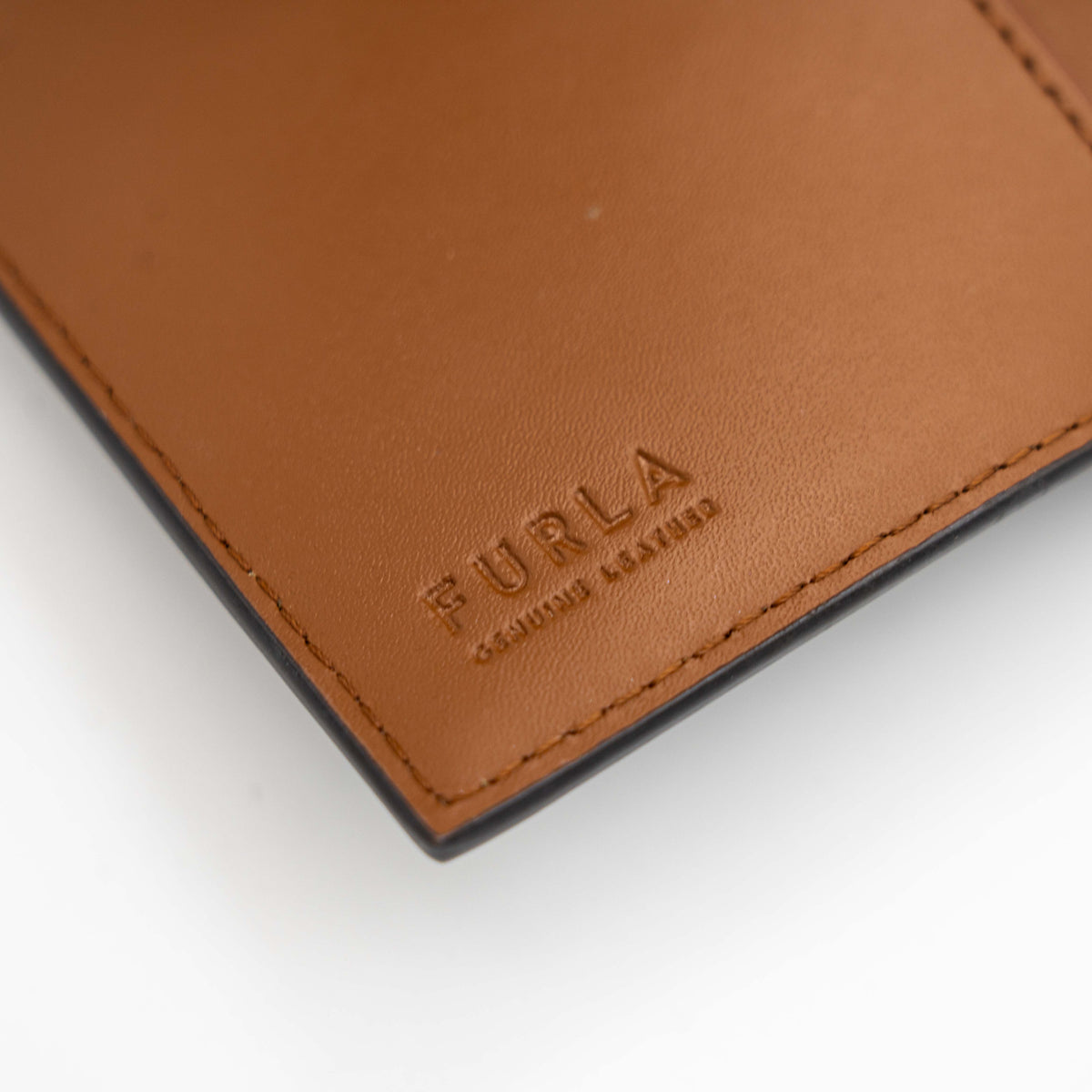 Furla 1927 M Compact Wallet in brown and black leather with gold hardware, photographed front facing on a white background.