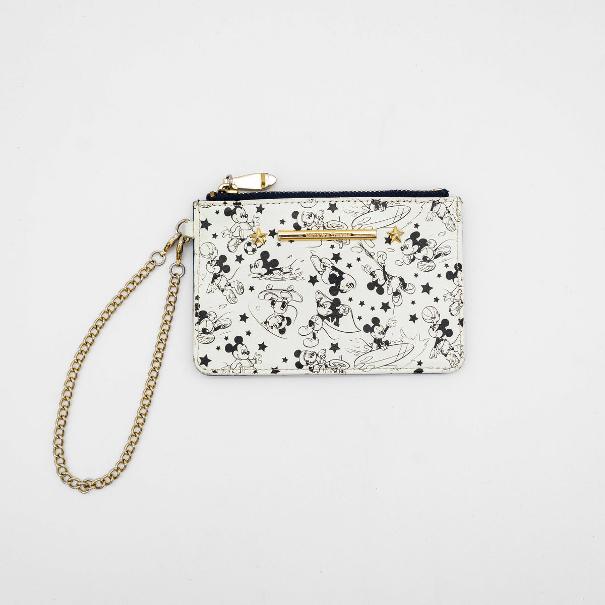 Samantha Thavasa Sports Mickey Collection card case in ivory and blue with gold chain and playful Mickey Mouse sports illustrations.