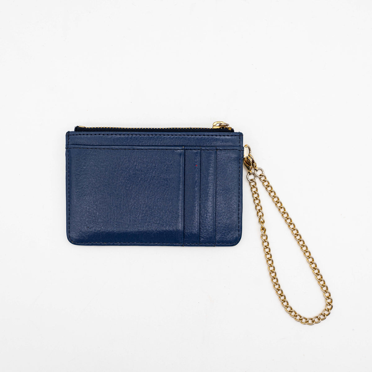 Samantha Thavasa Sports Mickey Collection card case in ivory and blue with gold chain and playful Mickey Mouse sports illustrations.