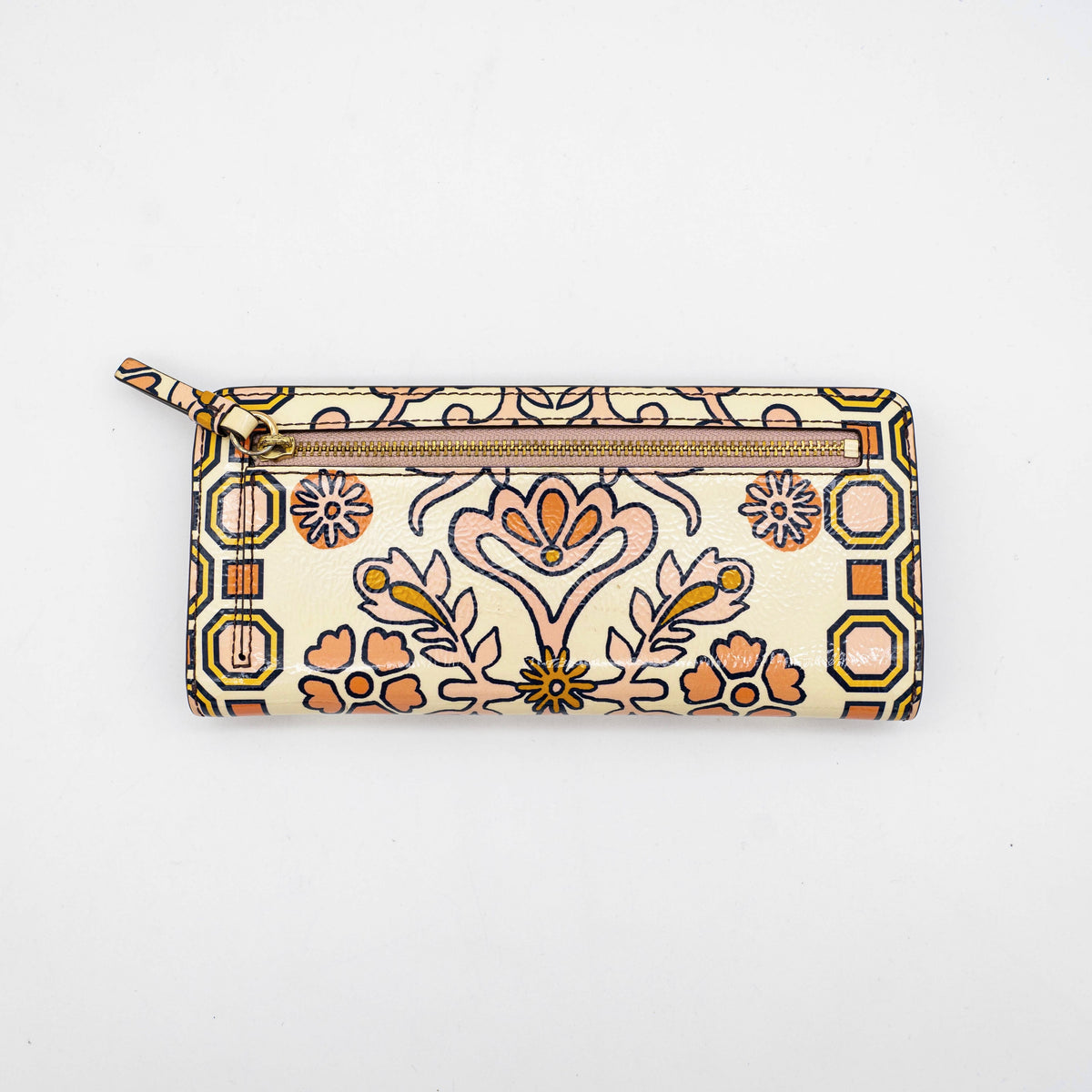 The Tory Burch Hicks Garden Party Wallet in multi-colour coated canvas with intricate floral print and gold logo detail.