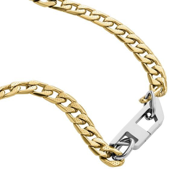 Gold-tone stainless steel Diesel DX1438931 Cuban link necklace featuring a silver-tone Diesel “D” clasp.