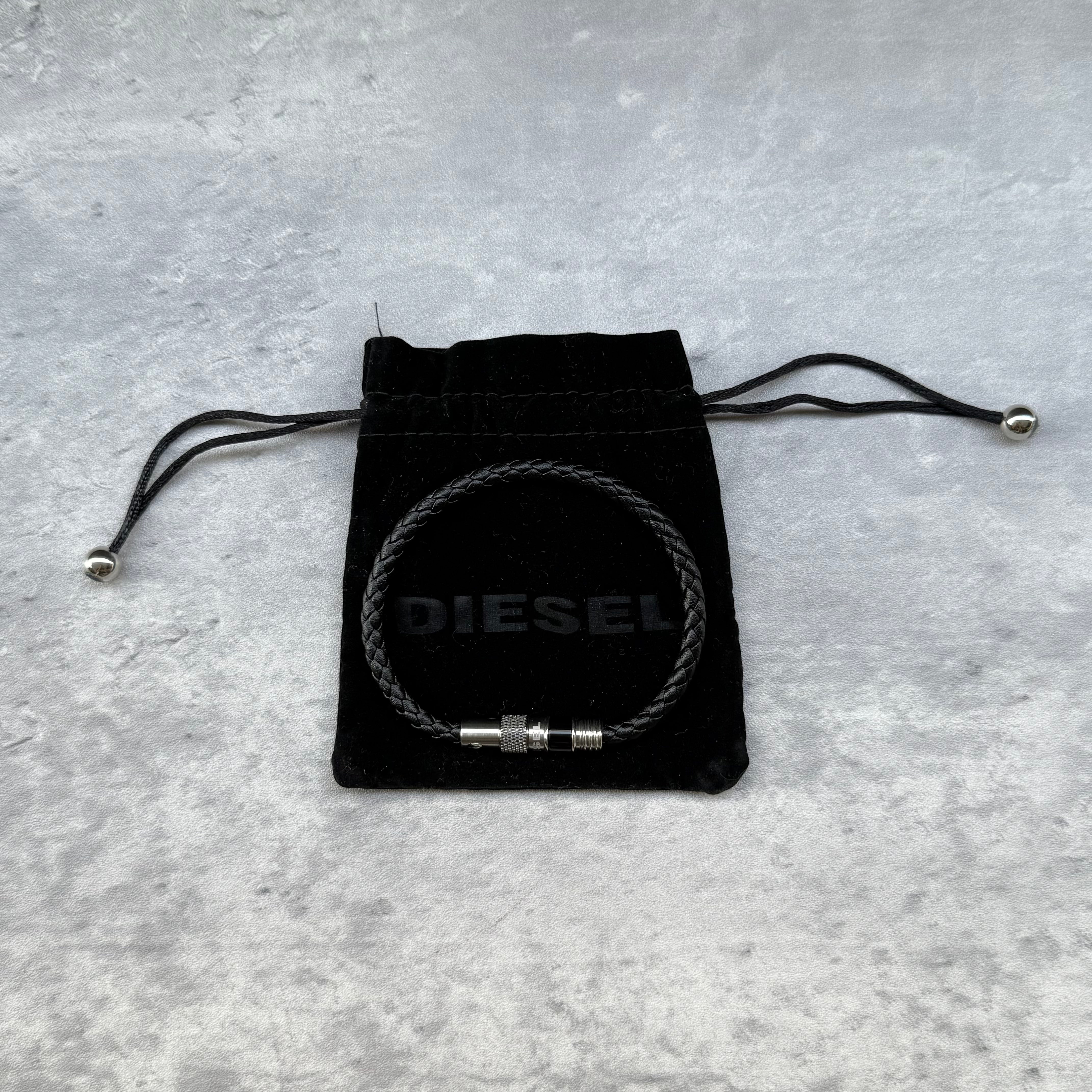 Diesel Black Braided Leather Bracelet with stainless steel magnetic clasp and logo