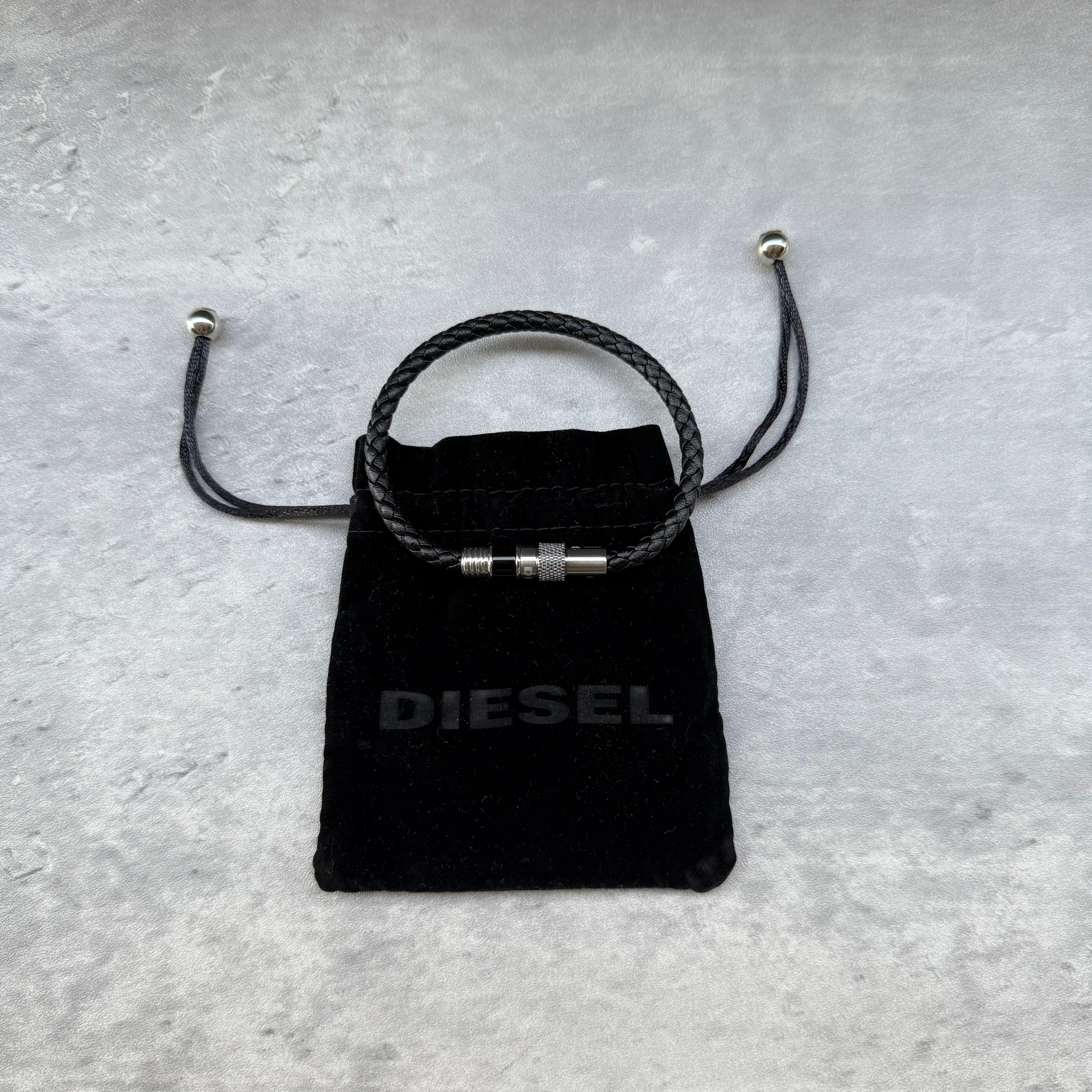 Diesel Black Braided Leather Bracelet with stainless steel magnetic clasp and logo