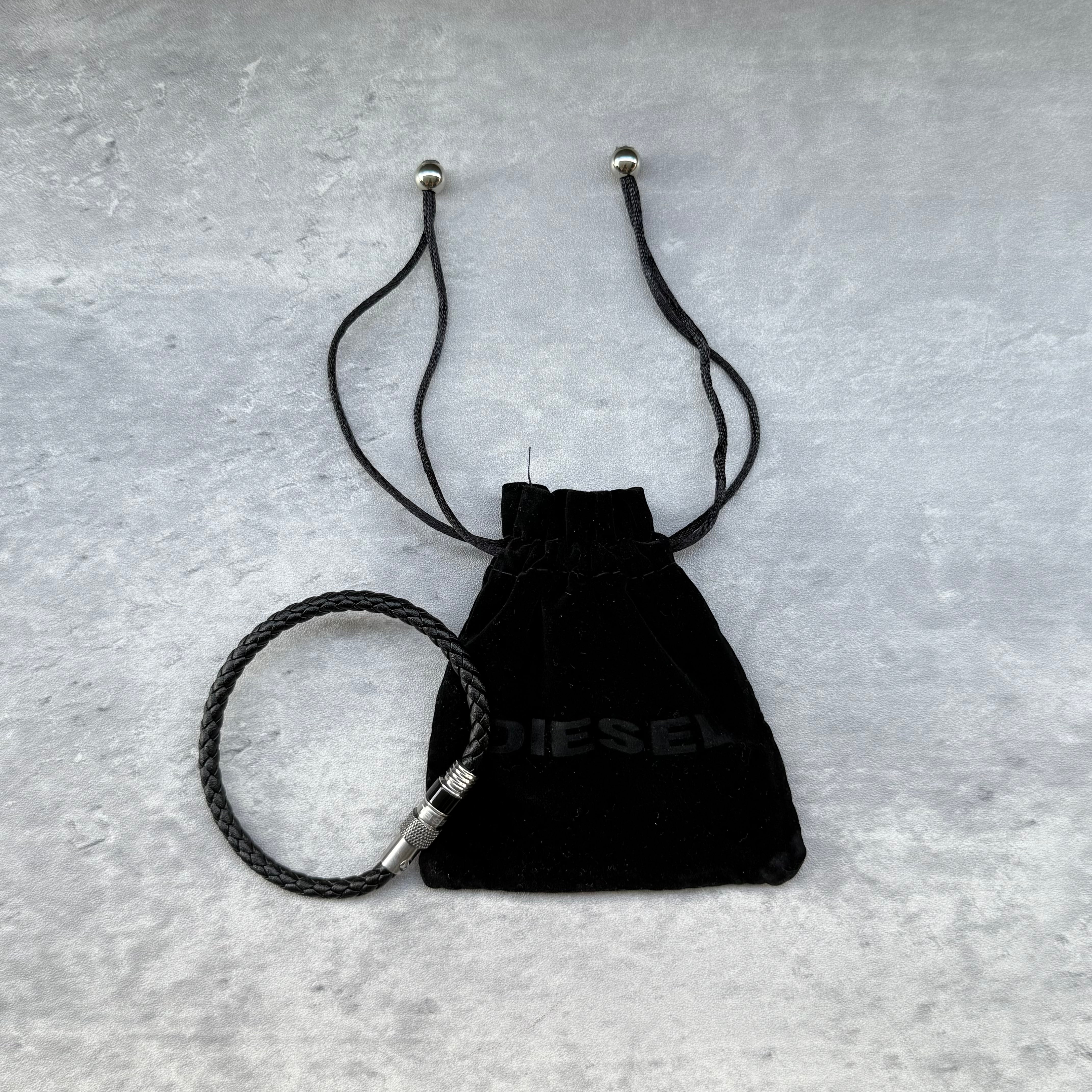 Diesel Black Braided Leather Bracelet with stainless steel magnetic clasp and logo