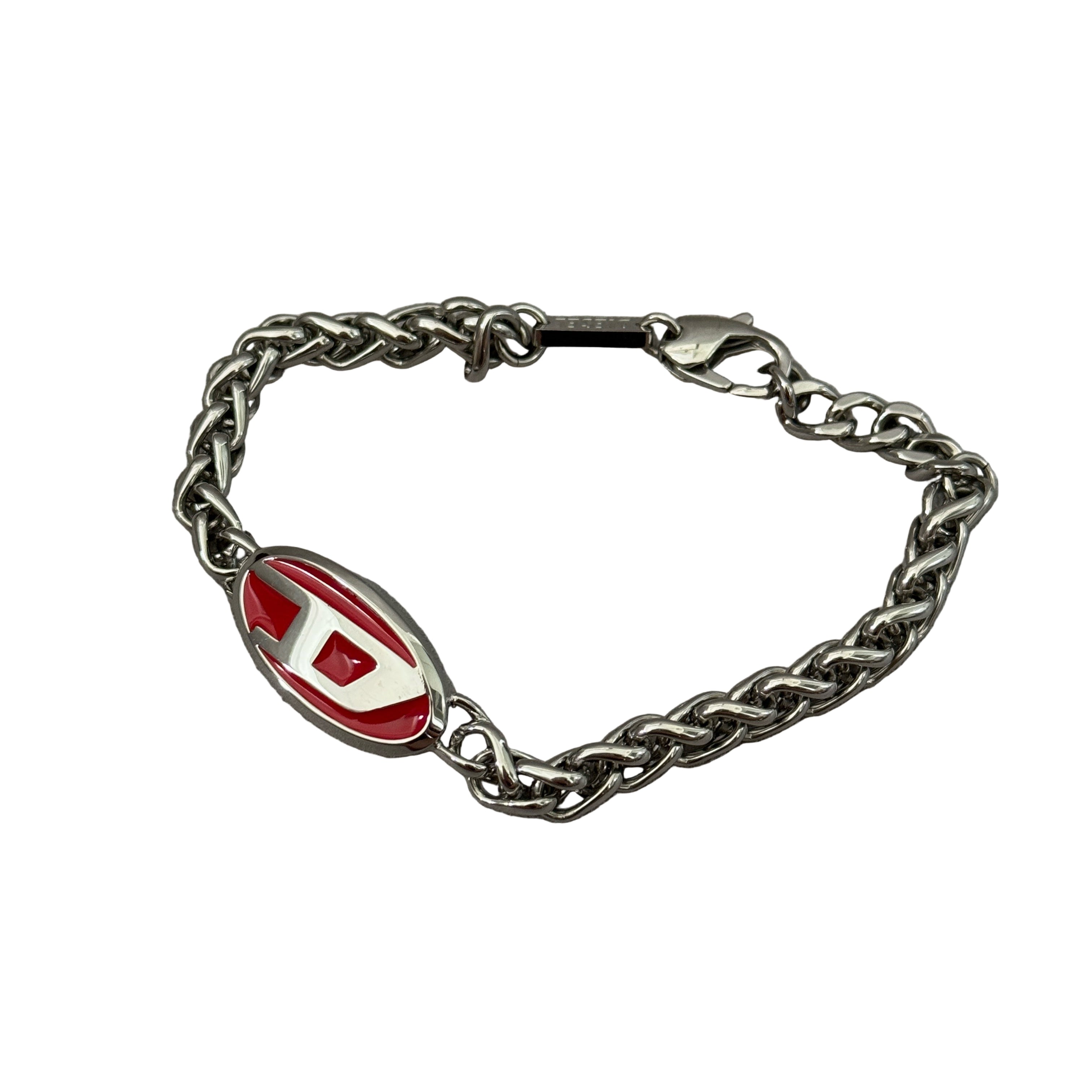 Diesel red lacquer and stainless steel chain bracelet with bold logo centerpiece and lobster clasp closure.