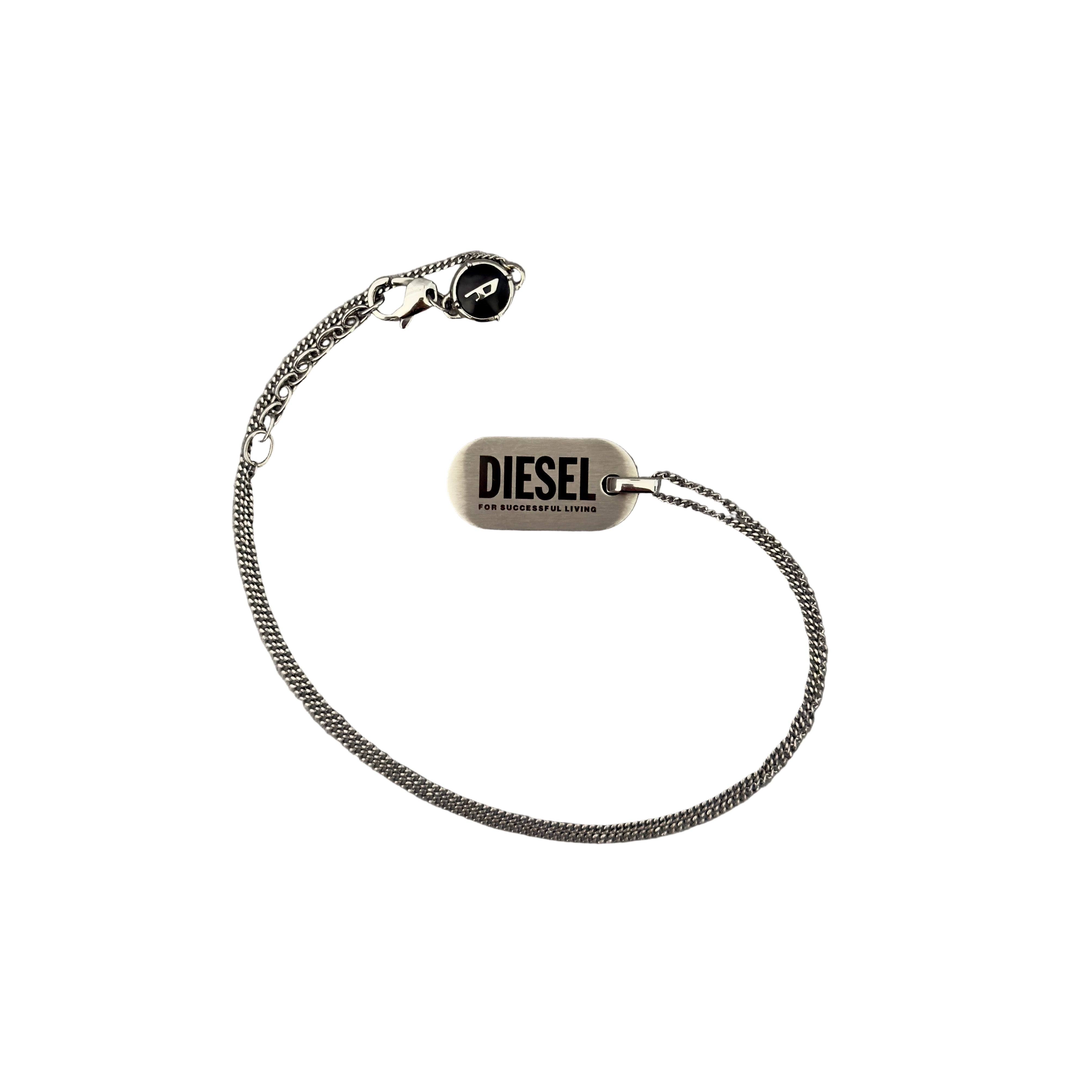 Diesel Signature 'For Successful Living' Dog Tag Necklace in stainless steel, featuring a brushed metal pendant and fine box chain.